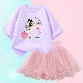 Dívčí letní set - nařasená TUTU sukně + bavlněné tričko s motivem dívky s květinkou (Cute little Girl) Varianta: set 1 (nachové tričko+růžová sukně), Velikost: 12 let/150