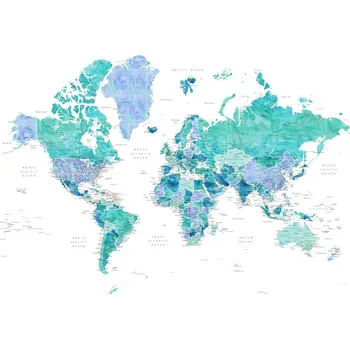 Plakát Plakát, Obraz - Aquamarine and blue watercolor detailed world map, Blursbyai