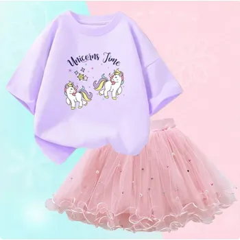 Unicorn (Jednorožci) Dívčí letní set - nařasená TUTU sukně + bavlněné tričko s motivem jednorožce (Unicorns Time) Varianta: set 8 (nachové tričko+růžová sukně), Velikost: 14 let/160