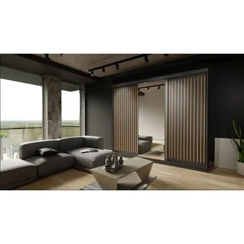 Šatní skříň Skříň Rony 250 černá-lamely-dub wotan se zrcadlem