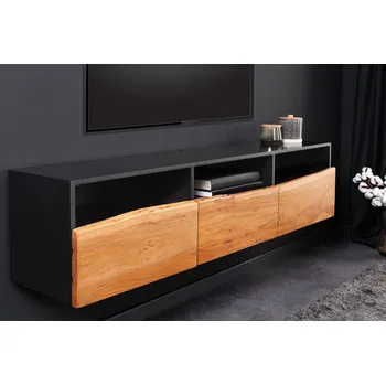 Televizní stolek Designový závěsný černý TV stolek Tallero se třemi zásuvkami a policemi s přírodním hnědým masivní akáciovým prvkem 140 cm