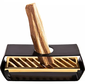 Vonná tyčinka Stojánek na Palo Santo černozlatý (držák na vonné dřevo) – kov, zlatý hliník, semišové nožičky, 13,5×4×5 cm