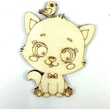 Překližka Výřez z překližky, KOČKA S PTÁČKEM NA HLAVĚ, 8x5,5 cm, 1 kus