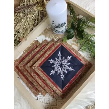 prostírání Podkafíčka - sada 4 kusy - vánoční vločky s červeným lemem