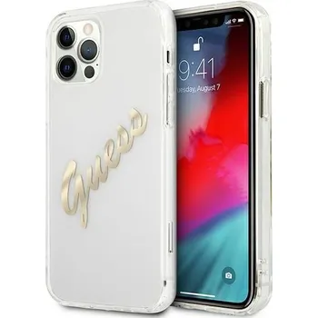 Pouzdro na mobilní telefon Guess GUHCP12MKTRSVGO Hard pro iPhone 12/12 Pro Transparent/Vintage Script Gold