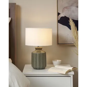Lampička Stolní lampa Šedá Keramická 44 cm Bílá Stínidlo buben Ručně vyrobený Geometrický vzor Noční osvětlení Obývací pokoj Ložnice Osvětlení Beliani
