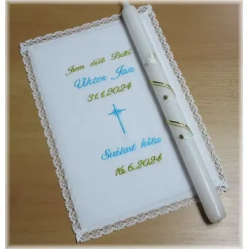 rouška Křestní sada 2D vyšívaná rouška s krajkou svíce vzor 19