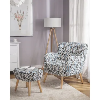 Křeslo Křeslo černé / bílé čalounění gumové dřevo s taburetem, orientální motiv, obývací pokoj, salon Beliani
