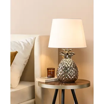 Lampička Stolní lampa stříbrná keramika 52 cm látkové stínítko bílý ananasový základní kabel s vypínačem Moderní minimalistický styl Beliani