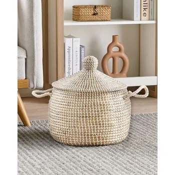 Bytová dekorace Košík přírodní mořská tráva s uchy víko ručně tkané doplňky doplňky dekorace boho styl Beliani
