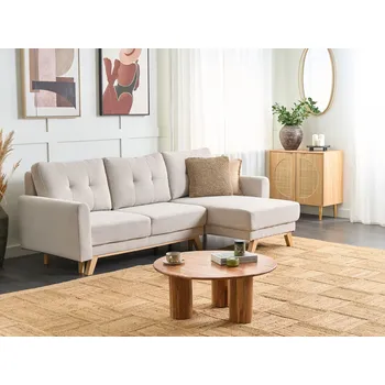 Pohovka Rohová pohovka béžová látka čalouněná přezkou levostranná rozkládací pohovka vhodná na spaní dřevěné nohy Beliani