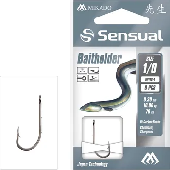 Rybářský háček Mikado NAVÁZANÉ HÁČKY - SENSUAL - BAITHOLDER NO 4 BN / VLASEC: 0.26mm/70cm - 8 KS