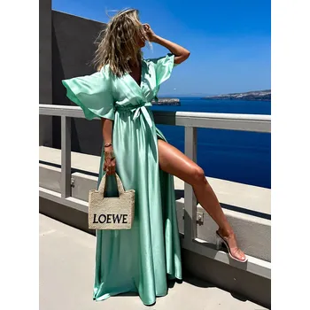 Dámské šaty Světle zelené dlouhé saténové šaty GO HOME Velikost: ONESIZE