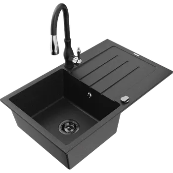 Kuchyňský dřez Mexen Bruno keramický dřez s jednou komorou a odkapávačem a kuchyňskou baterií Savita, černý/stříbrný - 6513-73-672601-70-B Granitové dřezy s baterií