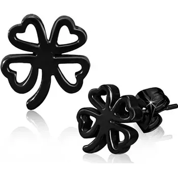 Náušnice Černé náušnice z chirurgické oceli, kontura čtyřlístku pro štěstí