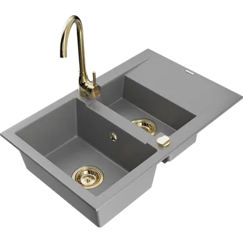 Granitový dřez Mexen Gaspar žulový dřez 1,5-komorový s odkapávačem a kuchyňskou baterií Telma, šedý - 6507-71-670200-50 Granitové dřezy s baterií