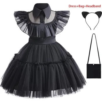Karnevalový kostým Dětské černé šaty s tylem a límečkem (kostým) Wednesday Addams + doplňky Barva: set 3 ks, Velikost: 3 rok, vel. 100