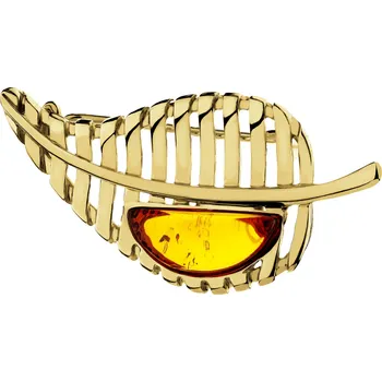 Brož Pozlacená stříbrná brož s jantarem - list - AP538-9079