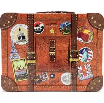 Dóza na potraviny TRAVEL SUITCASE plechová dóza hnědý cestovní kufr s nálepkami