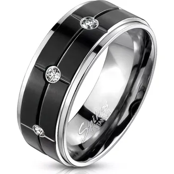 Prsten Obruč z titanu - černý střed s vroubkováním, stříbrný okraj, zirkony, 8 mm - Velikost: 65