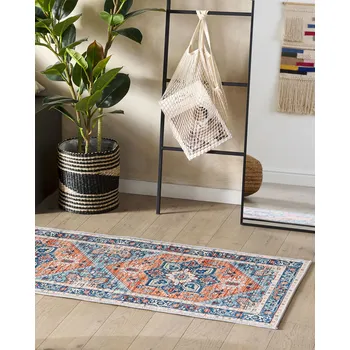Koberec Koberec modrý a oranžový polyester 60 x 200 cm s orientálním vzorem protiskluzový běhoun moderní kuchyně chodba Beliani