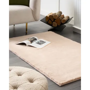 Bytový textil Koberec z umělé zaječí kožešiny béžový 80 x 150 cm umělá polyesterová kožešina měkký huňatý s vysokým vlasem Beliani