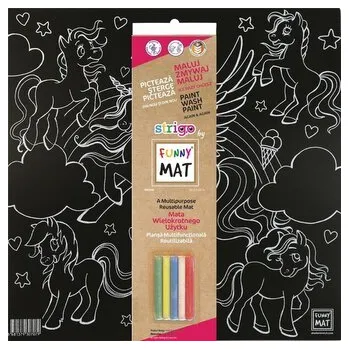 Set školních potřeb Černá voděodolná podložka Strigo Funny Mat Jednorožci + křída