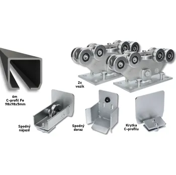 Pohon brány Sada 98x98x5 pro výrobu samonosných posuvných bran do šířky průjezdu 4,5 m Fe, 9 válečkových vozíků