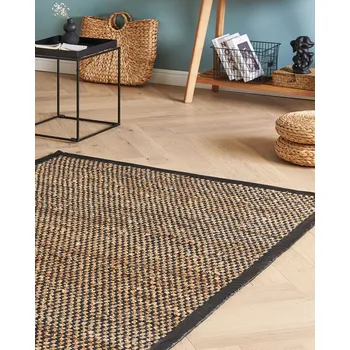 Koberec Koberec černá a béžová juta bavlněná kůže 140 x 200 cm obdélníkový ručně tkaný kostkovaný vzor rustikální tradiční design Beliani