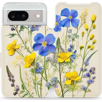 Pouzdro na mobilní telefon Flipové pouzdro Mobiwear - Google Pixel 8 - VP41S Modré a žluté kvítky (Knížkové flip pouzdro, obal, kryt na mobil Google Pixel 8 - VP41S Modré a žluté kvítky, materiál Umělá kůže + TPU - ochrana 360°, stojánek, silikonová vanička, magnetické zavírání)