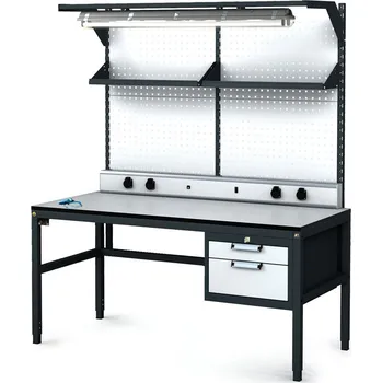 Dílenský stůl Alfa 3 Antistatický dílenský ESD stůl, perfopanel, police, osvětlení, 2 zásuvkový box na nářadí, 1600x800x745-985 mm