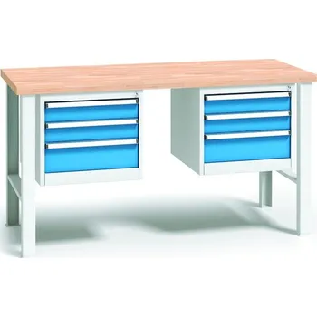 Dílenský stůl B2B Partner Pracovní stůl do dílny WL se 2 závěsnými boxy na nářadí, buková spárovka, 6 zásuvek, pevné kovové nohy, 1700 mm