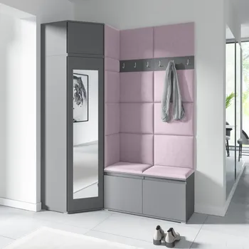 Předsíňová stěna Rohová předsíňová stěna Emi 37 - šedá grafit Barva čalounění: Pastelová růžová - Trinity 19