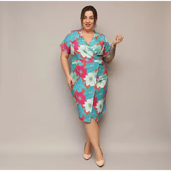 Dámské šaty Zeleno-oranžové přeložené obálkové dámské květované šaty v délce ke kolenům (742) odstíny zelené 46