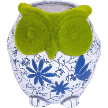 Vánoční dekorace Dekorácia MagicHome, Sova s kvetináčom, modrý ornament, keramika, 26,5x24x27,5 cm