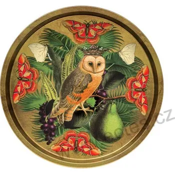 WHIMSICAL GARDEN plechový podnos hnědá sova s korunou, bílé a červené můry