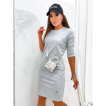 Dámské šaty Šedé melanžové jednoduché bavlněné šaty (633) odstíny šedé L (40)