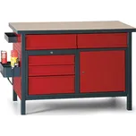 B2B Partner Dílenský pracovní stůl GD, 5 zásuvek, smrk + buková překližka, 5 zásuvek, 1 skříňka, 1190 x 600 x 850 mm, antracit / červená