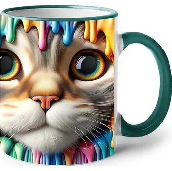 Keramický hrnek s kočičkou, Barva Zelená, Velikost 330 ml, Canvas Keramický hrnek s barevným uchem 2596