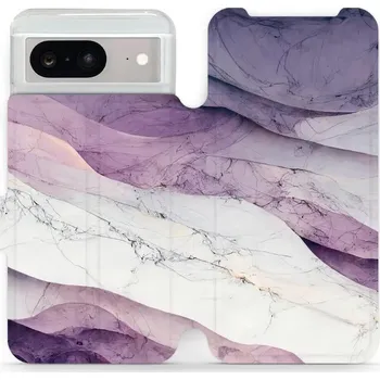 Pouzdro na mobilní telefon Flipové pouzdro Mobiwear - Google Pixel 8 - VP31S Bílý a fialový mramor (Knížkové flip pouzdro, obal, kryt na mobil Google Pixel 8 - VP31S Bílý a fialový mramor, materiál Umělá kůže + TPU - ochrana 360°, stojánek, silikonová vanička, magnetické zavírání)