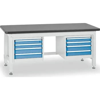 Dílna B2B Partner Pracovní stůl do dílny BL se 2 závěsnými boxy na nářadí, MDF + PVC deska, 8 zásuvek, 2100 x 750 x 800 mm