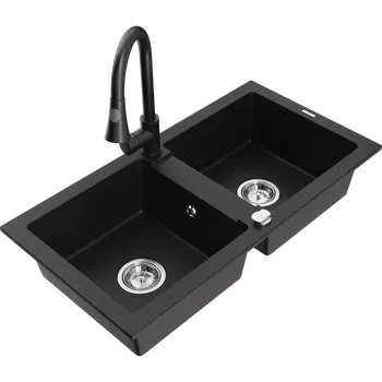Granitový dřez Mexen Mario žulový dřez s 2 komorami s kuchyňskou baterií Elia, černý - 6504-77-670101-70 Granitové dřezy s baterií