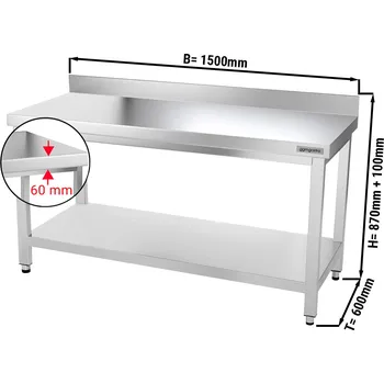 Jídelní stůl G.Gastro Pracovní stůl PREMIUM z nerezové oceli - 1,5 m - se spodní policí a obkladovým panelem