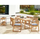 Zahradní jídelní set světlý certifikovaný stůl z akátového dřeva 8 židlí s tmavě modrými a bílými polštáři venkovní rustikální styl Beliani