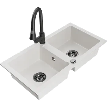 Granitový dřez Mexen Mario granitový dřez 2-komorový s kuchyňskou baterií Elia, bílý - 6504-20-670101-70 Granitové dřezy s baterií
