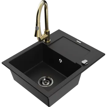 Granitový dřez Mexen Enzo granitový kuchyňský dřez 1-komorový s odkapávačem a kuchyňskou baterií Elia, černý - 6506-77-670101-50-B Granitové dřezy s baterií