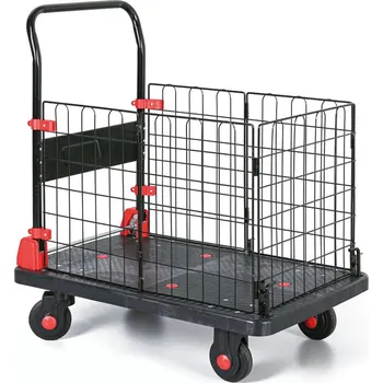 Plošinový vozík Plošinový vozík se sklopným madlem, 3 drátěné výplně, 300 kg, plastové držáky koleček