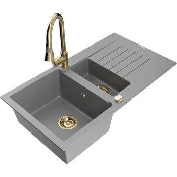 Granitový dřez Mexen Matias granitový dřez 1,5-komorový s odkapávačem a kuchyňskou baterií Elia, šedý - 6502-71-670101-50 Granitové dřezy s baterií