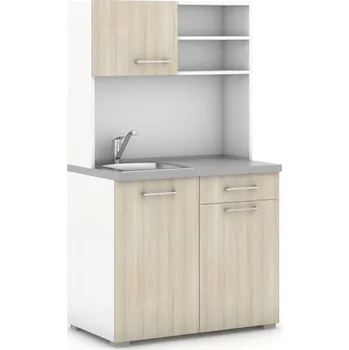 Kancelářská sestava Kuchyňka PRIMO, dřez, baterie, 1/2 dvířka, bílá/dub přírodní