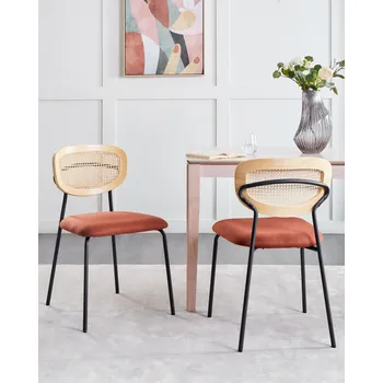 Sada 2 jídelních židlí oranžové polyesterové čalounění přírodní ratan s vídeňským výpletem černé kovové nohy bez područek Beliani